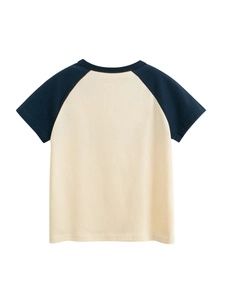 T-shirt enfant en coton à manches raglan contrastées bleu marine et corps beige