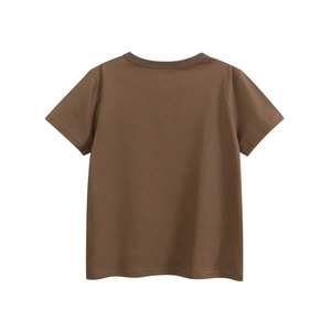 Detailed back view of a boys brown crew neck short sleeve T-shirt with fine cotton texture