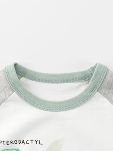 Détail d'un t-shirt pour enfants avec col rond et imprimé dinosaure Ptérodactyle