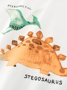 T-shirt blanc en coton pour enfants avec motifs mignons de dinosaures vert et orange