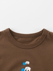 Brown cotton T-shirt for boys with a round neck and cute blue elephant cartoon print