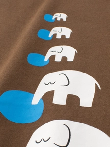 Close-up of boys' brown cotton t-shirt featuring playful cartoon elephant prints