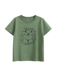 Kids Boys Short Sleeve Cotton T-Shirt Cartoon Bear Star Print Casual Summer Sage Green Round Neck Breathable Comfortable Top
