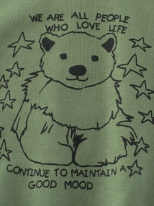 Sage green cotton t-shirt for kids featuring a minimalist cartoon bear and star print