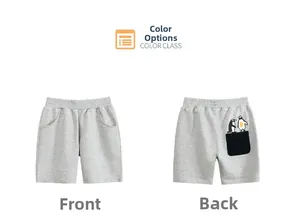 Flat lay of boys' grey knit shorts showing front and back with penguin pocket detail