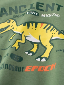 T-shirt en coton vert forêt pour garçons avec imprimé dinosaure jaune et texte