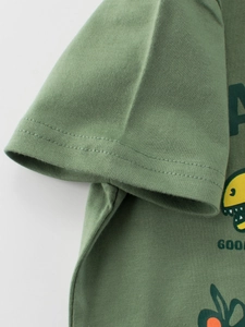 T-shirt manches courtes en coton vert armée pour garçons avec motif dinosaure