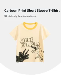 Detail view of yellow cotton t-shirt for boys with colorful cartoon dinosaur print