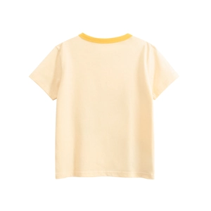 Back view of yellow kids dinosaur t-shirt showing contrast yellow ribbed crew neck collar