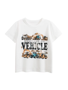 T-Shirt Garçon Pur Coton Manches Courtes Col Rond Dessin Animé Véhicule De Chantier Excavatrice Imprimé Été