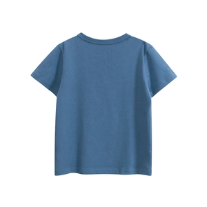 Close-up of crew neck and double-needle stitching on dark blue cotton kids T-shirt