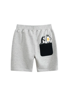 Boys Cotton Shorts French Terry Elastic Waist Casual Cartoon Penguin Print Sporty Summer Toddler Bottoms Grey