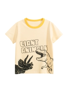 Boys Short Sleeve T-Shirt Pure Cotton Cartoon Dinosaur Print Contrast Round Neck Soft Casual Summer Clothes Toddler Kids