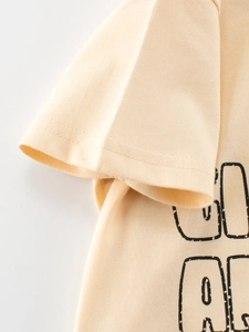 Boys beige cotton short sleeve t-shirt with cartoon dinosaur letter print design