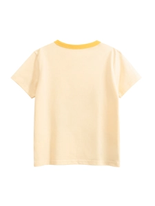 Boys beige cotton T-shirt with yellow ribbed neck and cartoon dinosaur print on the back