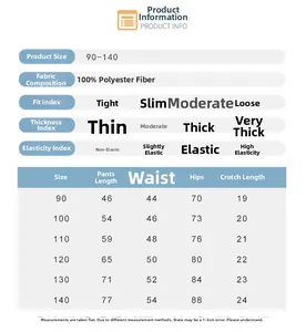 Detailed size chart for kids quick-dry casual pants with 100% polyester fabric details