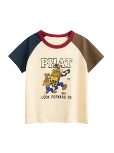 Camiseta de Algodón Casual para Niños Estilo Retro Americano Oso de Dibujos Animados Manga Corta Raglán Patchwork Cuello Redondo
