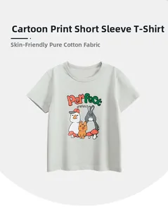 Close-up of cotton children's t-shirt featuring cartoon duck and dog graphic prints