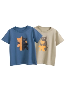 T-Shirt Enfant Pur Coton Manches Courtes Col Rond Imprimé Chat Dessin Animé Haut Décontracté Été Pour Garçons Tout-Petits