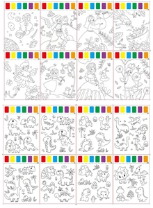 Detailed grid view of 16 DIY watercolor coloring cards with various themes for kids