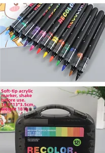 Set of 12 colors acrylic paint markers with soft brush tips and portable storage case
