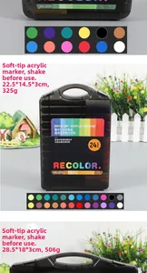 Acrylic marker pen set dimensions and 24 color swatches in transparent carrying case