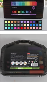 Detailed view of RECOLOR 36-color acrylic marker set in a translucent storage box