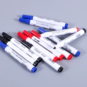 Three-color dry erase whiteboard marker set in red, blue, and black ink on grey background