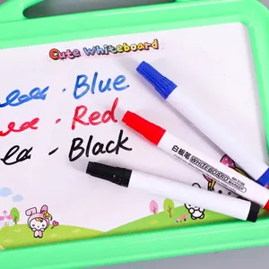 Three-color dry erase markers in black, blue, and red on a cartoon whiteboard