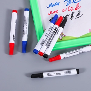 Close-up of red blue and black whiteboard markers with vivid colors and easy erasing