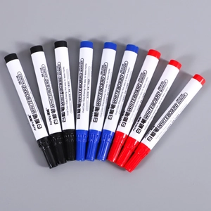 Detailed fan arrangement of black, red and blue dry erase markers with easy erasing ink