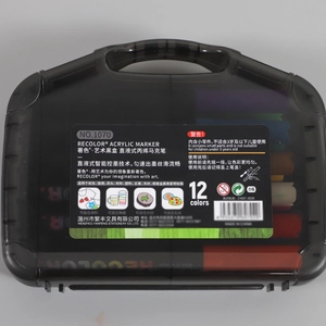 12-color acrylic paint markers set in a compact black translucent portable storage box