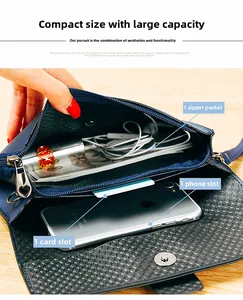 Vue détaillée du mini sac bleu marine avec compartiments internes et fente pour téléphone