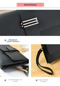 Détail de pochette enveloppe en cuir noir grainé avec boucle en métal et dragonne