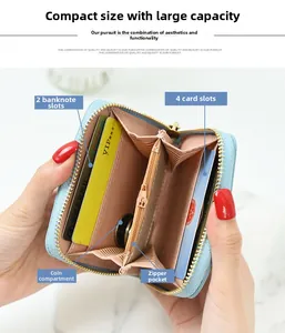 Interior detail of light blue coin purse showing 4 card slots and zipper pocket