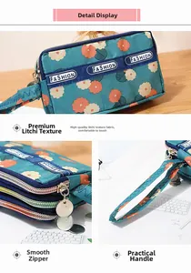 Detalle de bolso floral con tres cremalleras y textura de cuero sintético granulado suave