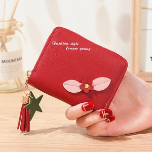Portafoglio Piccolo Donna in Pelle PU Stile Coreano Floreale con Cerniera Borsellino con Nappina Pendaglio Stella Pochette Giornaliera