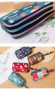 Détails macro d'une pochette fleurie à trois couches avec zips métalliques et dragonne