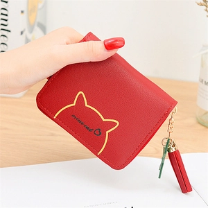 Women's Mini Cat Tassel Coin Purse Cute PU Leather Small Wallet With Star Pendant Zipper Card Holder Short Key Bag