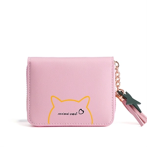 Pink PU leather mini coin purse with cute cat design and fringe tassel keychain