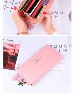 Pink long PU leather wallet with fringe zipper, phone pocket and multiple card slots