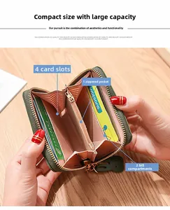 Detail view of open green zip wallet showing interior card slots and pink lining