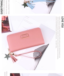 Pink PU leather long wallet with wristlet strap, fringe tassel and star charm detail