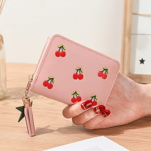 Short Wallet For Women PU Leather Cherry Embroidery Zipper Coin Purse With Tassel Star Pendant Cute Fashion Korean Style Student