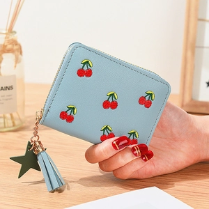 Light blue PU leather short wallet featuring cherry embroidery and star tassel zipper