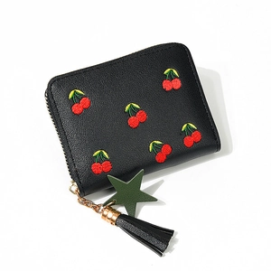 Short black cherry embroidered wallet with star charm and long black tassel zipper pull