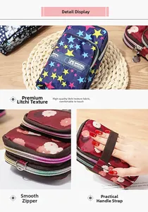 Detailed view of the triple zipper design and floral litchi texture on the mini mobile bag