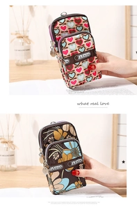 Three-layer zipper phone pouch detail with heart pattern and floral canvas fabric