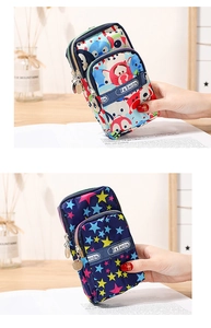 Detail of multi-layer zipper phone bags with floral stars and cartoon patterns