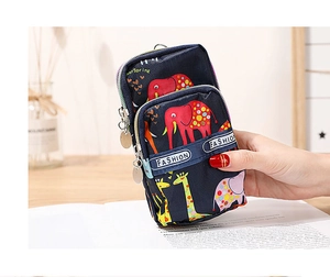Detail of multi-layer waterproof canvas phone bag with cute elephant and giraffe patterns